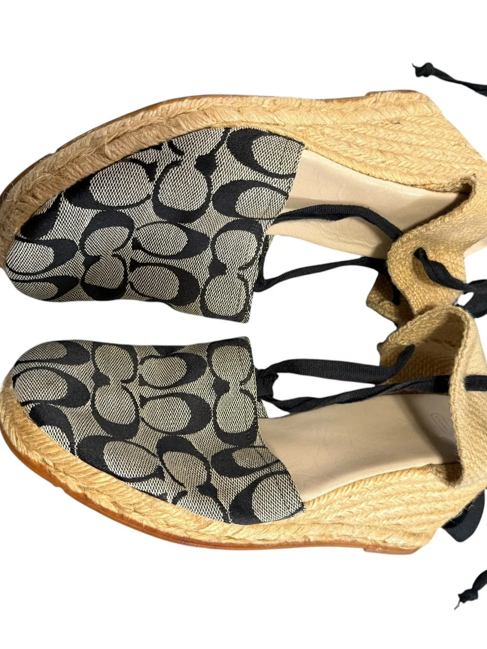 Coach Black Signature Jacquard Espadrille Wedge Sandals Lace-Up Ankle Tie size 9